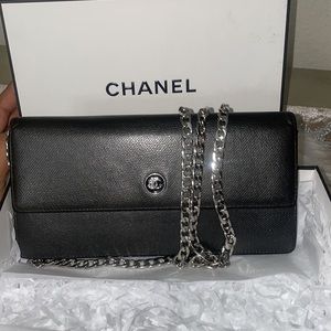 Coco CHANEL Black Leather Flap Long Wallet